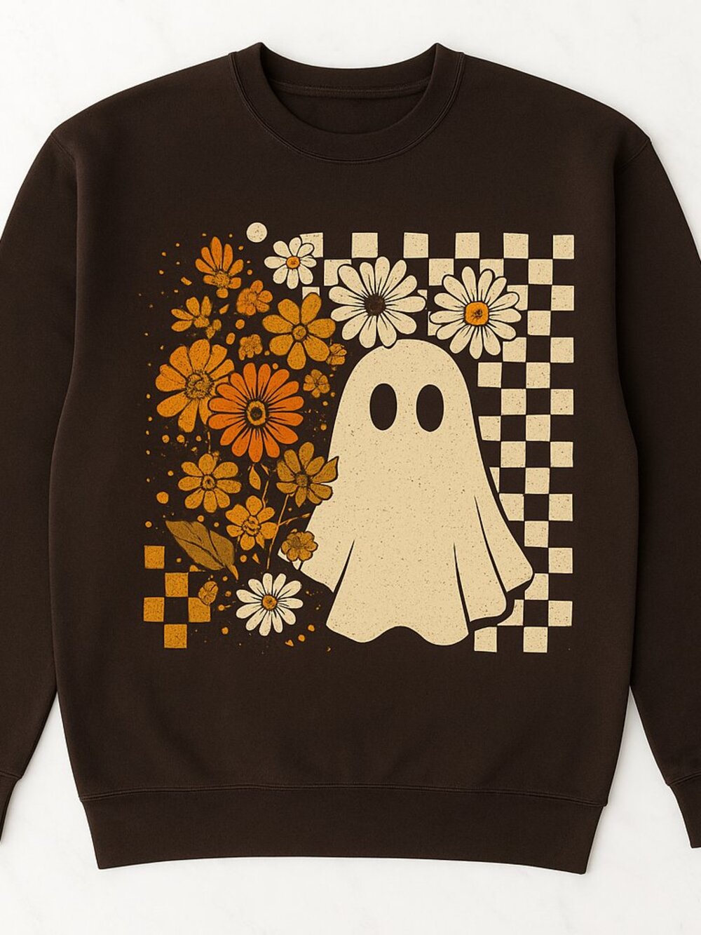 Retro Ghost Floral Checkered Halloween Sweatshirt Dark Chocolate Crewneck Fall